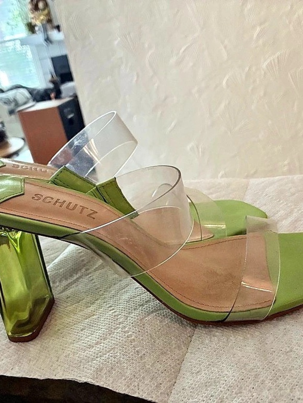 Schutz Victorie Slide Sandal Green Clear Strap Heels
